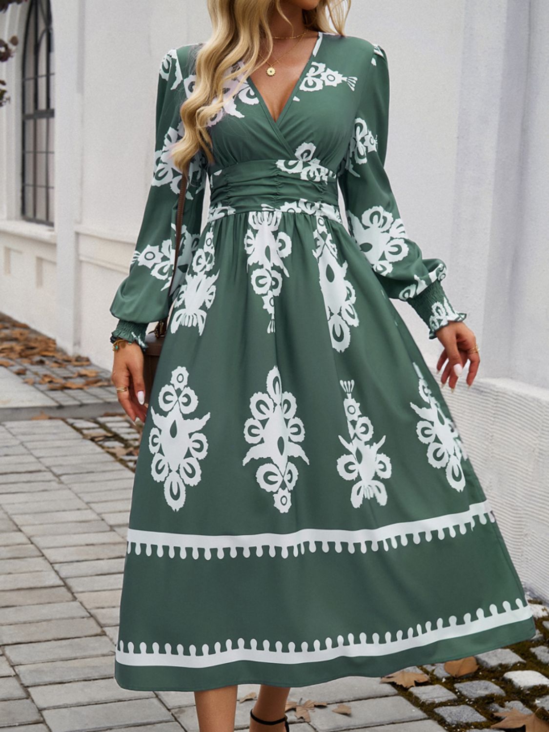 Printed Surplice Lantern Sleeve Midi Dress