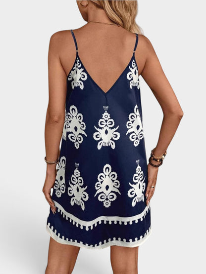 Printed V-Neck Sleeveless Mini Dress