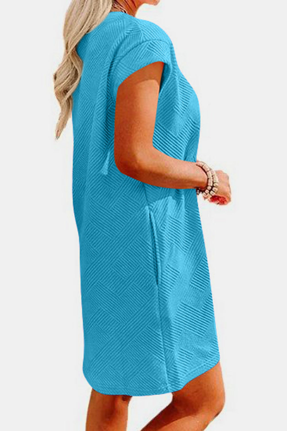 Women's Clothing, Textured Round Neck Cap Sleeve Dress, Side View Sky Blue, Rochelle's House