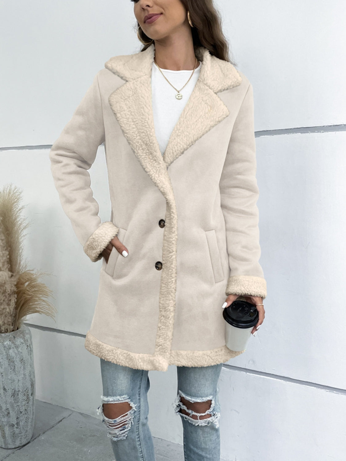 Contrast Button Up Lapel Collar Long Sleeve Coat