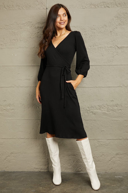 Black Culture Code Full Size Surplice Flare Ruching Dress