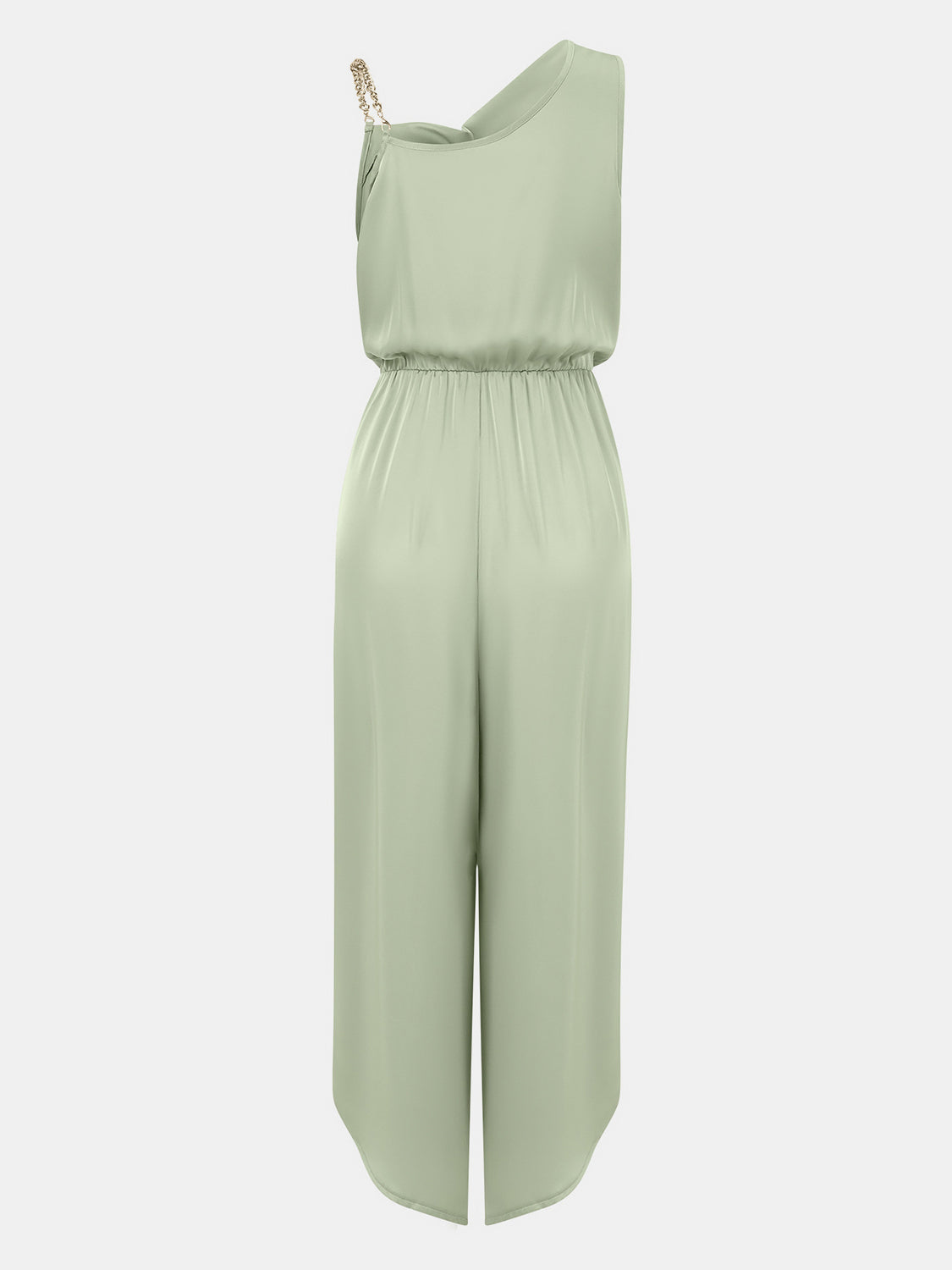 Women's Clothing, Chain Detail Asymmetrical Neck Jumpsuit, Front View Right Light Green, Rochelle's House