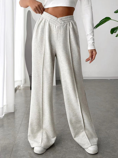 Front view of Elastic Waist Wide Leg Pants in Light Gray showing neckline and sleeve details