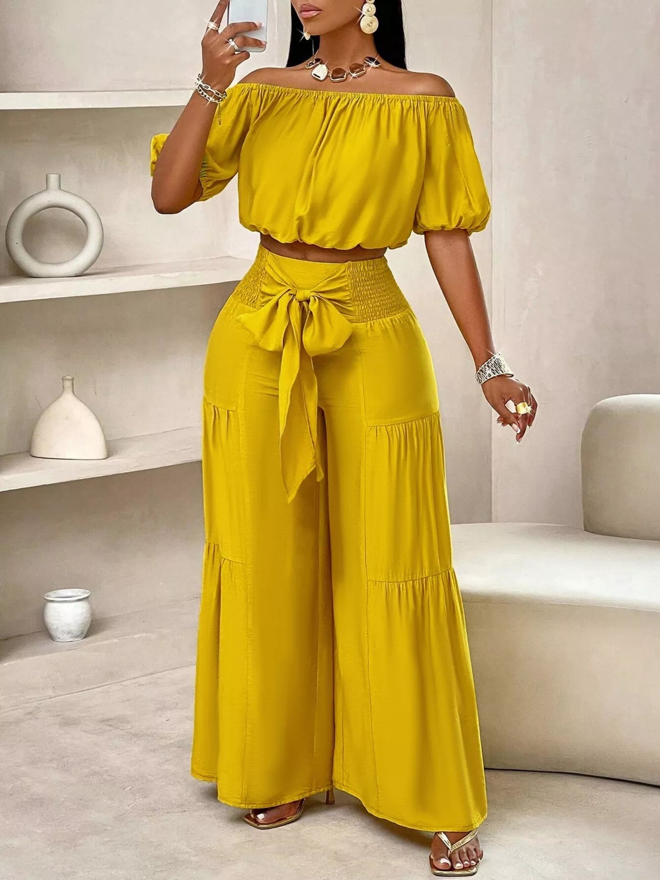 Elegant Off - Shoulder Crop Top and Ruched Wide Leg Pants Set - Rochelle's House LLC