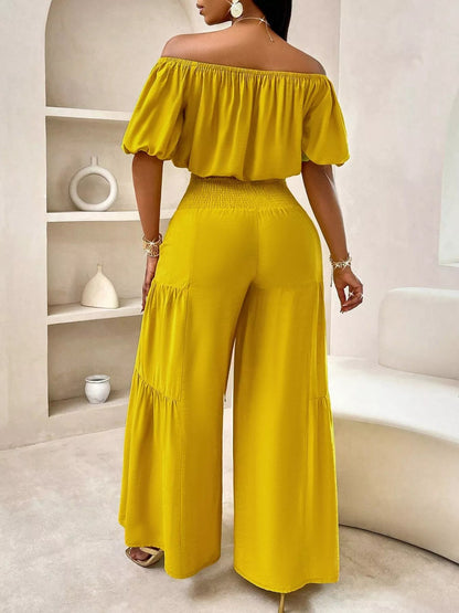 Elegant Off - Shoulder Crop Top and Ruched Wide Leg Pants Set - Rochelle's House LLC