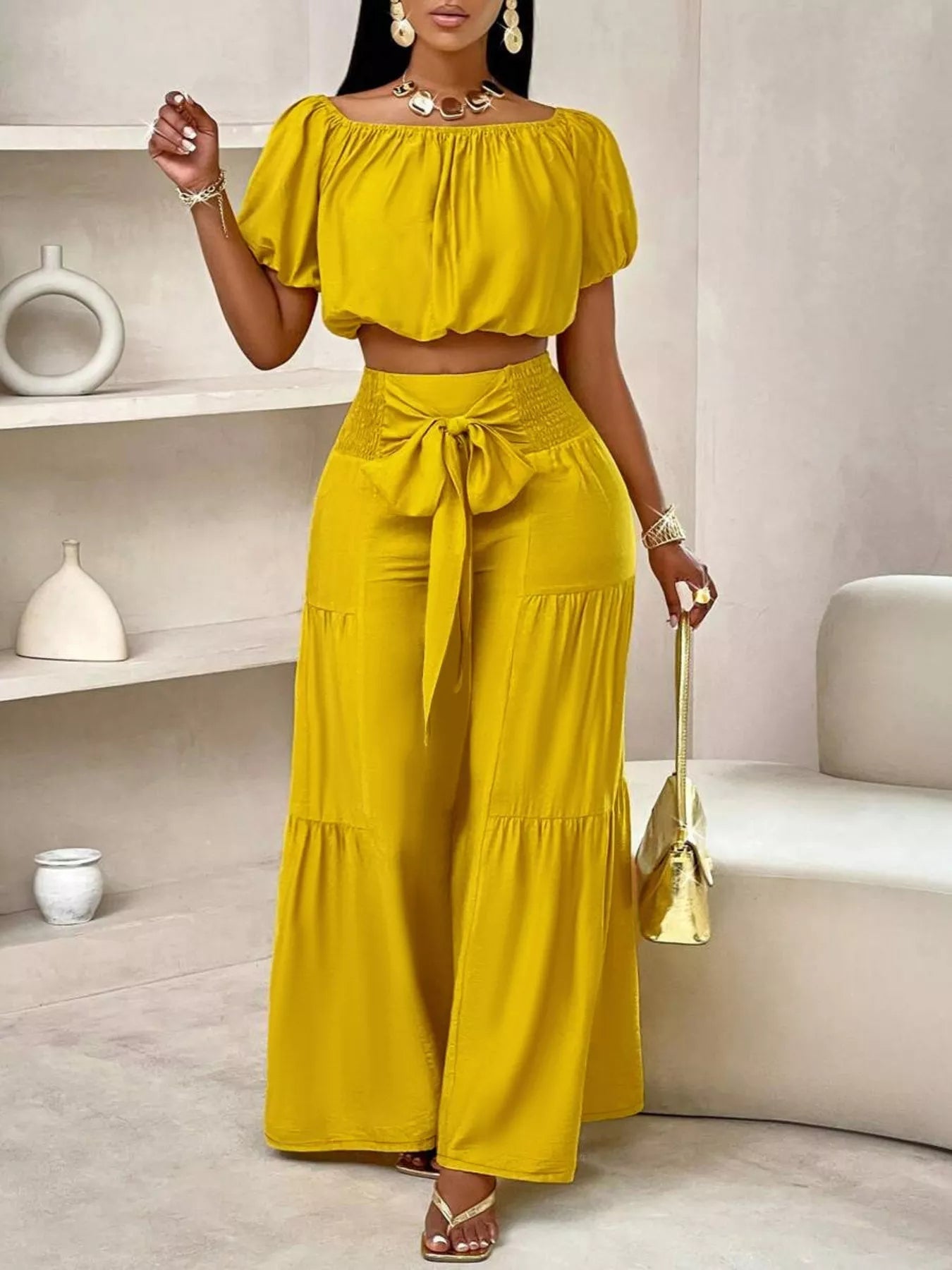 Elegant Off - Shoulder Crop Top and Ruched Wide Leg Pants Set - Rochelle's House LLC