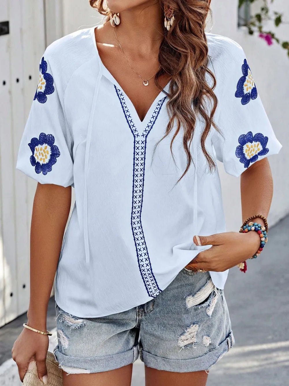 Embroidered Tie Neck Puff Sleeve Blouse - Rochelle's House LLC