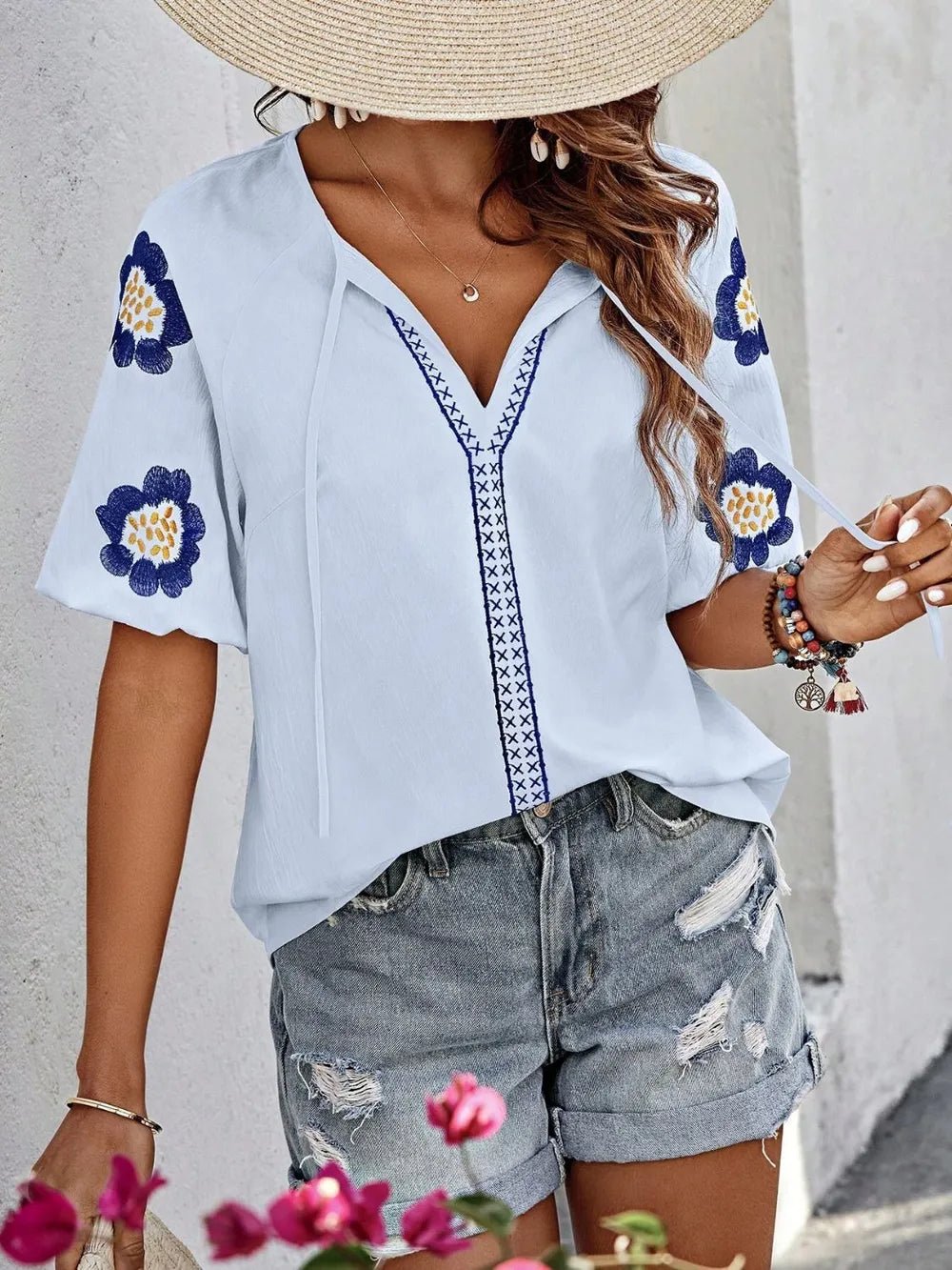 Embroidered Tie Neck Puff Sleeve Blouse - Rochelle's House LLC