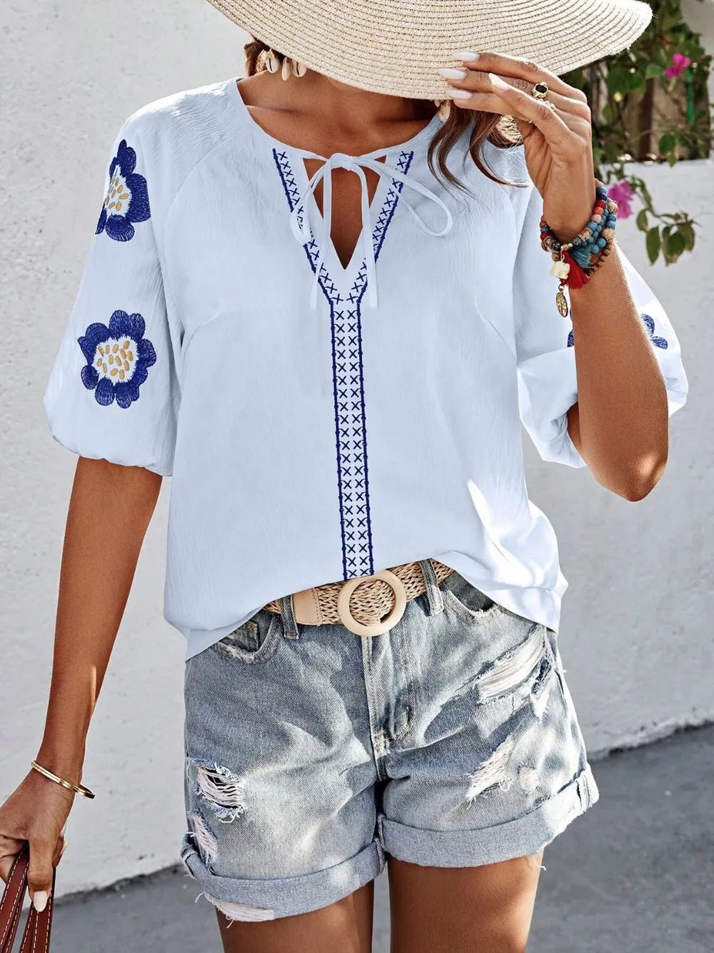 Embroidered Tie Neck Puff Sleeve Blouse - Rochelle's House LLC