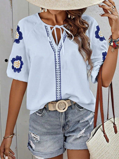 Embroidered Tie Neck Puff Sleeve Blouse - Rochelle's House LLC