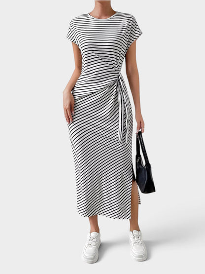 Striped Tie Side Casual Midi Dress
