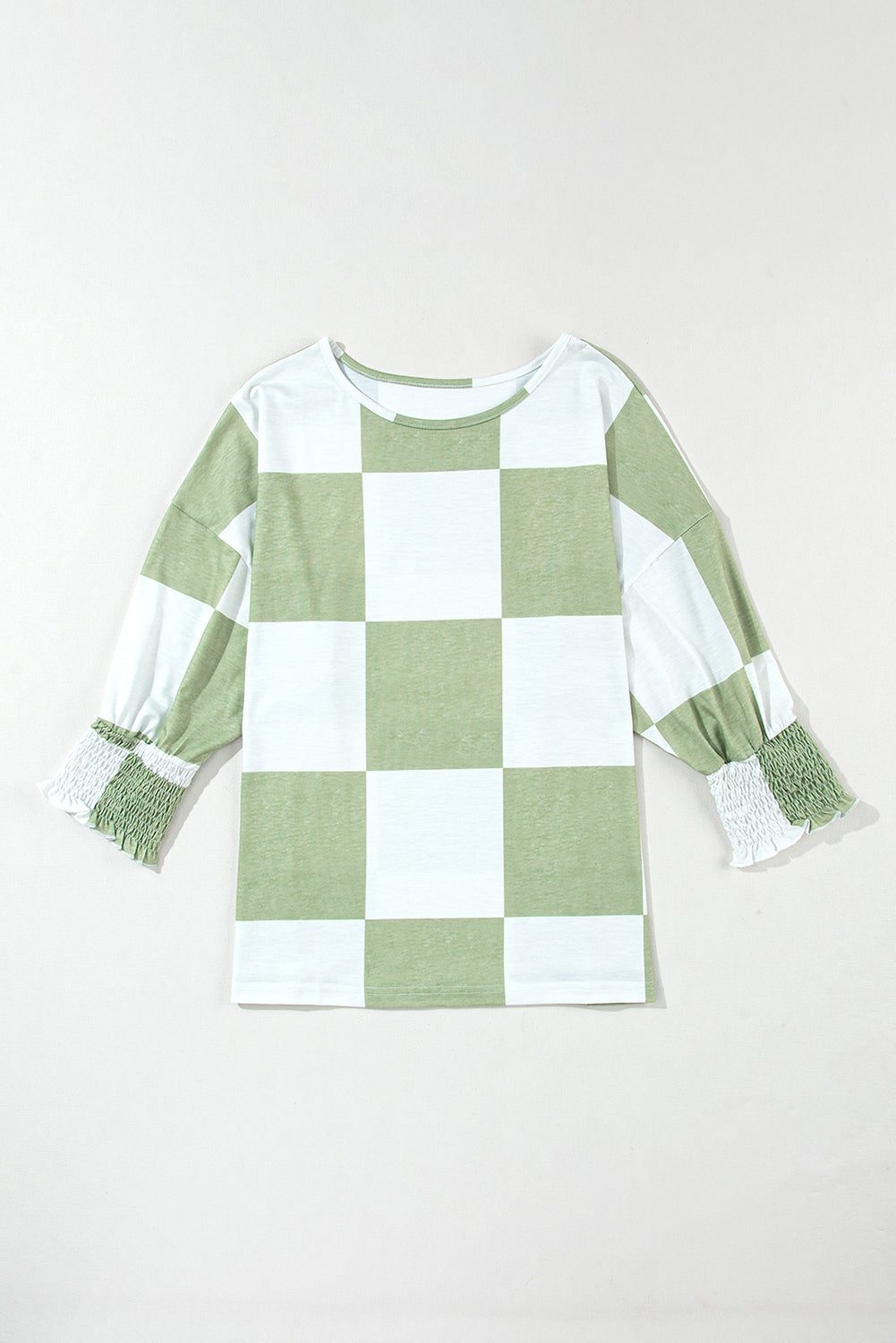 Checkered Round Neck Lantern Sleeve Top