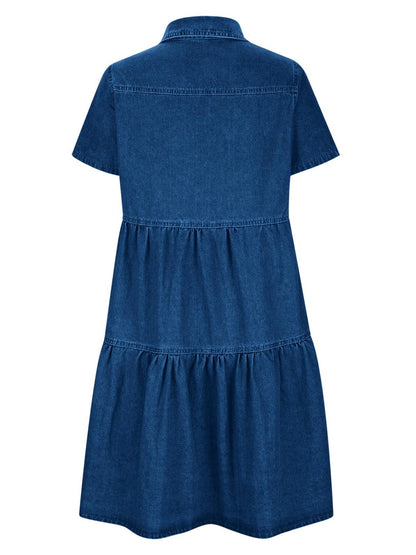 Pocketed Button Up Collared Neck Short Sleeve Denim Dress