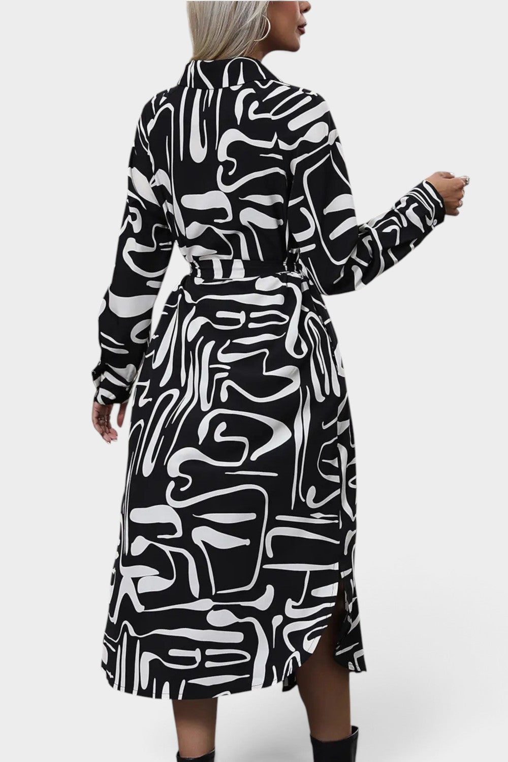 Perfee Printed Tie Front Collared Neck Slit Shirt Dress