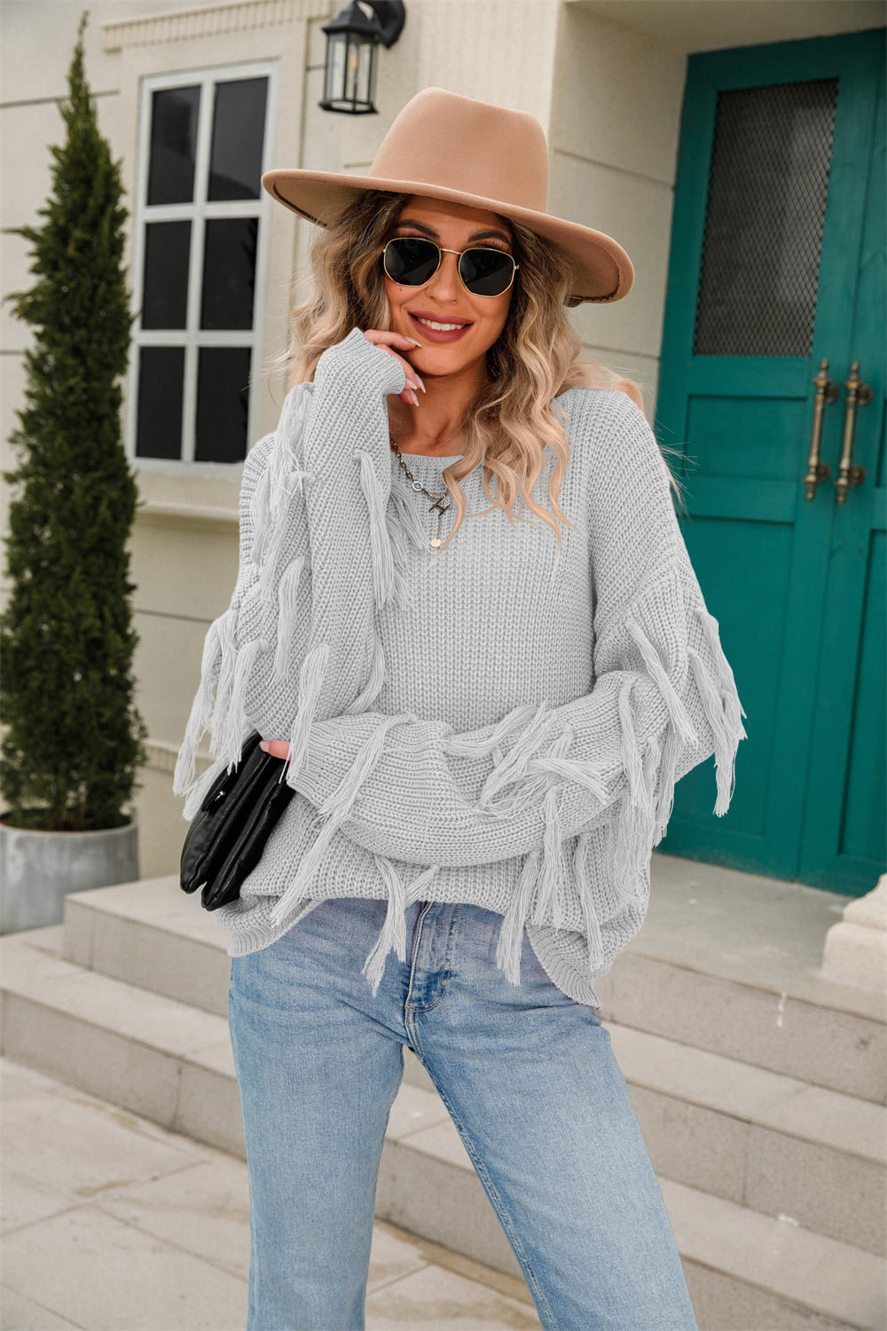 Angel Wings Ribbed Round Neck Fringe Detail Sweater