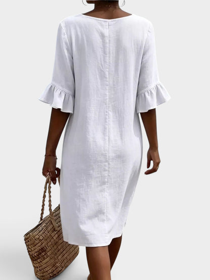 Full Size Button Decor Flounce Sleeve Dress Plus Size