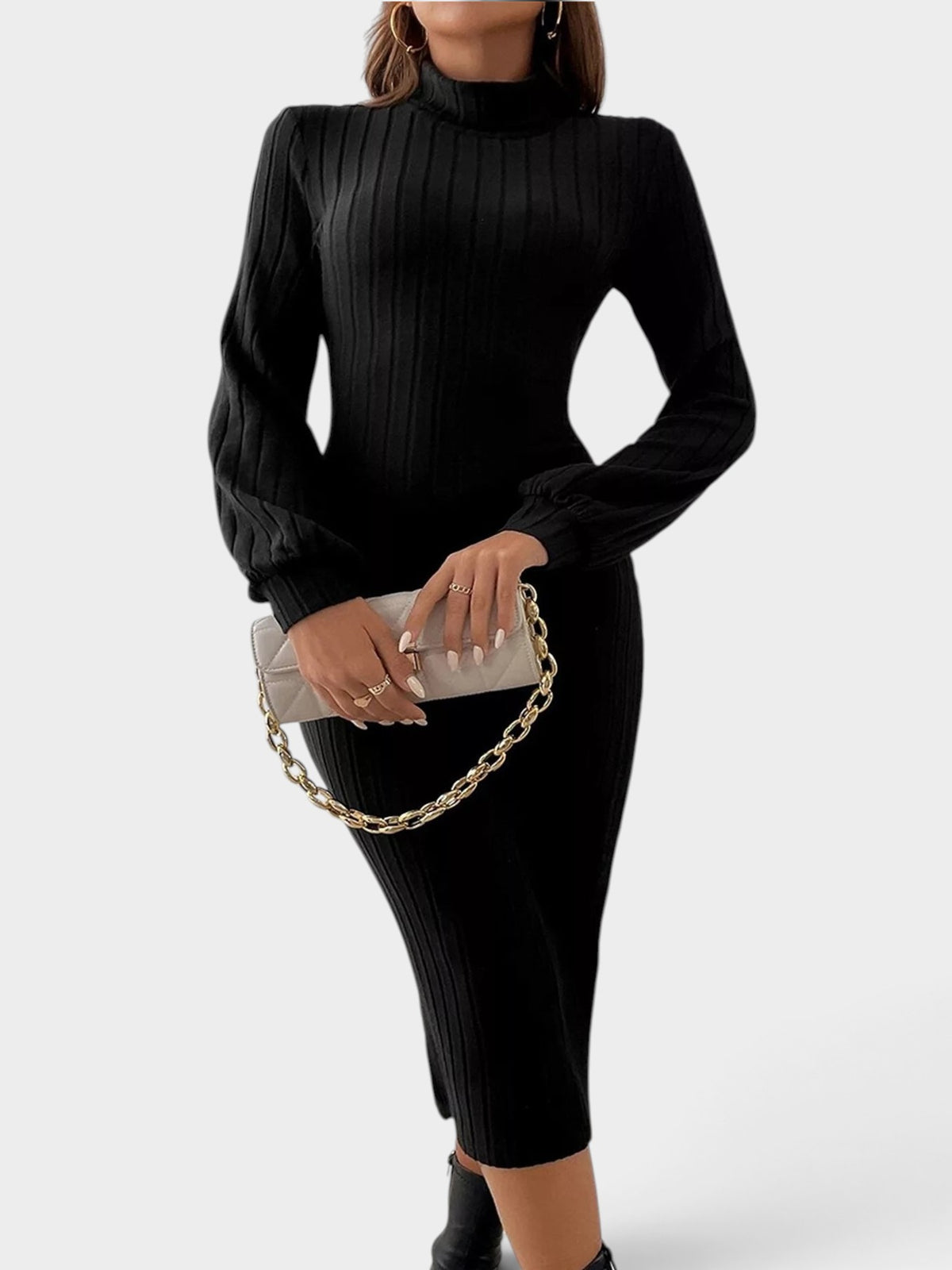 Mock Neck Ribbed Knit Bodycon Midi Dress