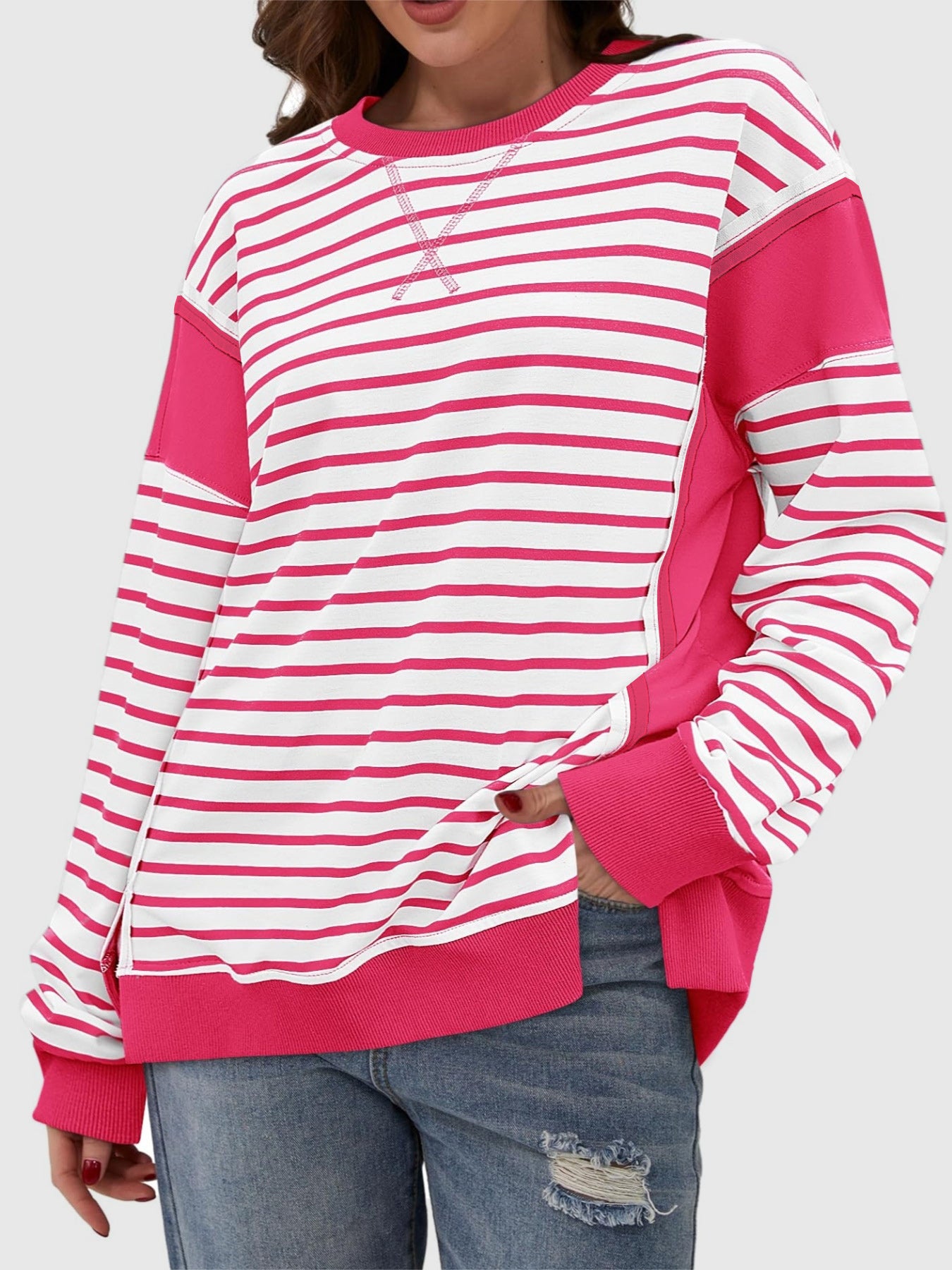 Slit Exposed Seam Striped Long Sleeve Sweatshirt