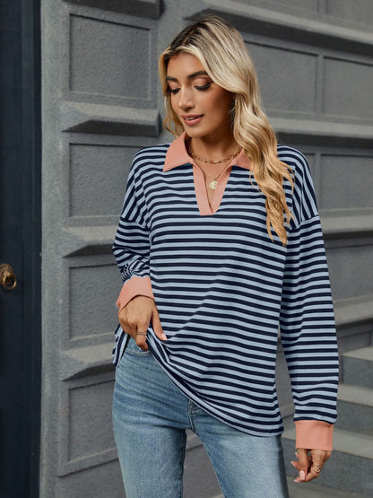 Striped Johnny Collar Long Sleeve Sweatshirt