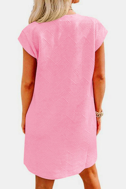 Women's Clothing, Textured Round Neck Cap Sleeve Dress, Back View Blush Pink, Rochelle's House