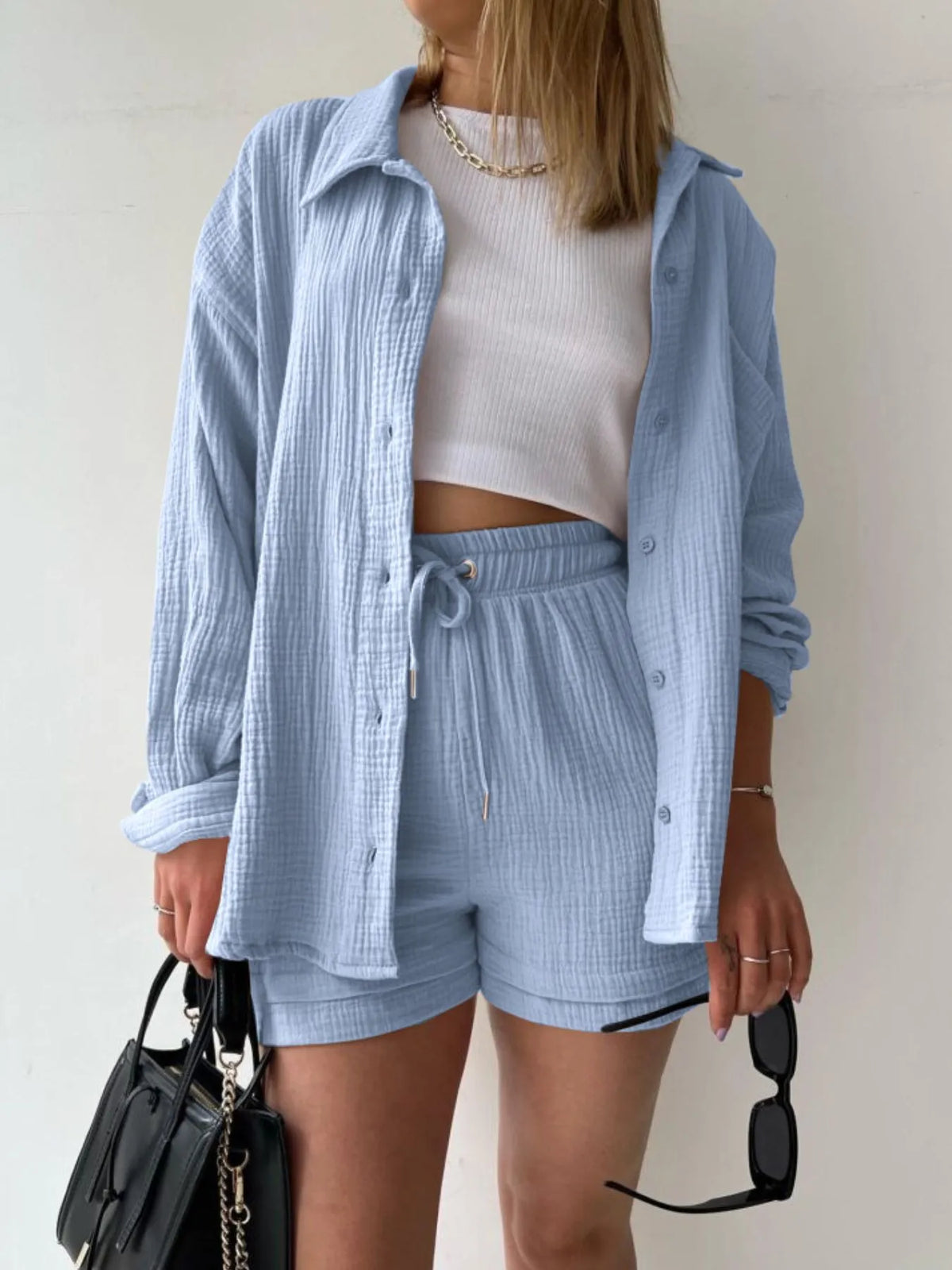 Pinterest Rochelle Be Textured Button Up Shirt and Shorts Set | Rochelle’s House