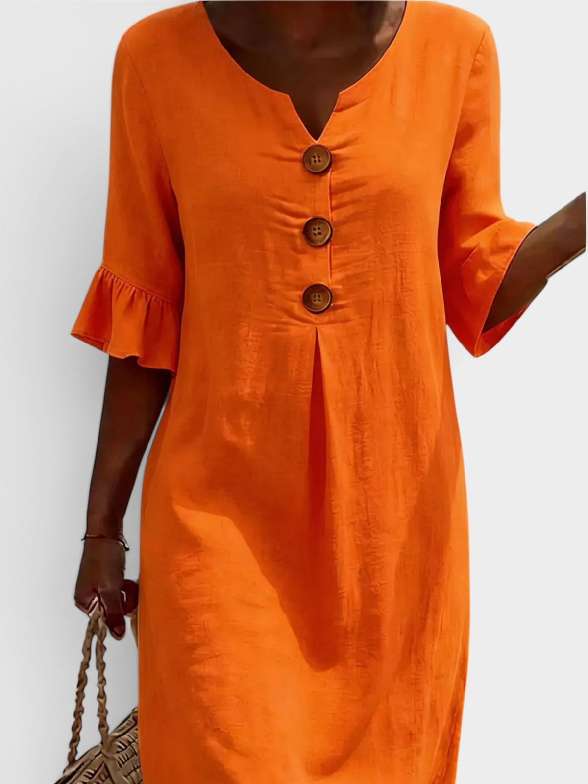 Full Size Button Decor Flounce Sleeve Dress Plus Size