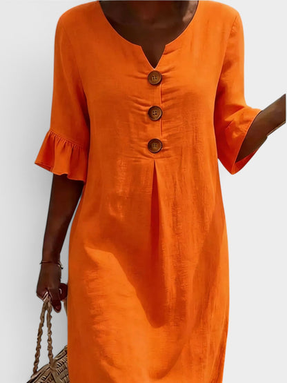 Full Size Button Decor Flounce Sleeve Dress Plus Size