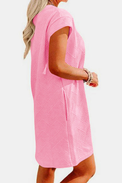 Women's Clothing, Textured Round Neck Cap Sleeve Dress, Side View Blush Pink, Rochelle's House