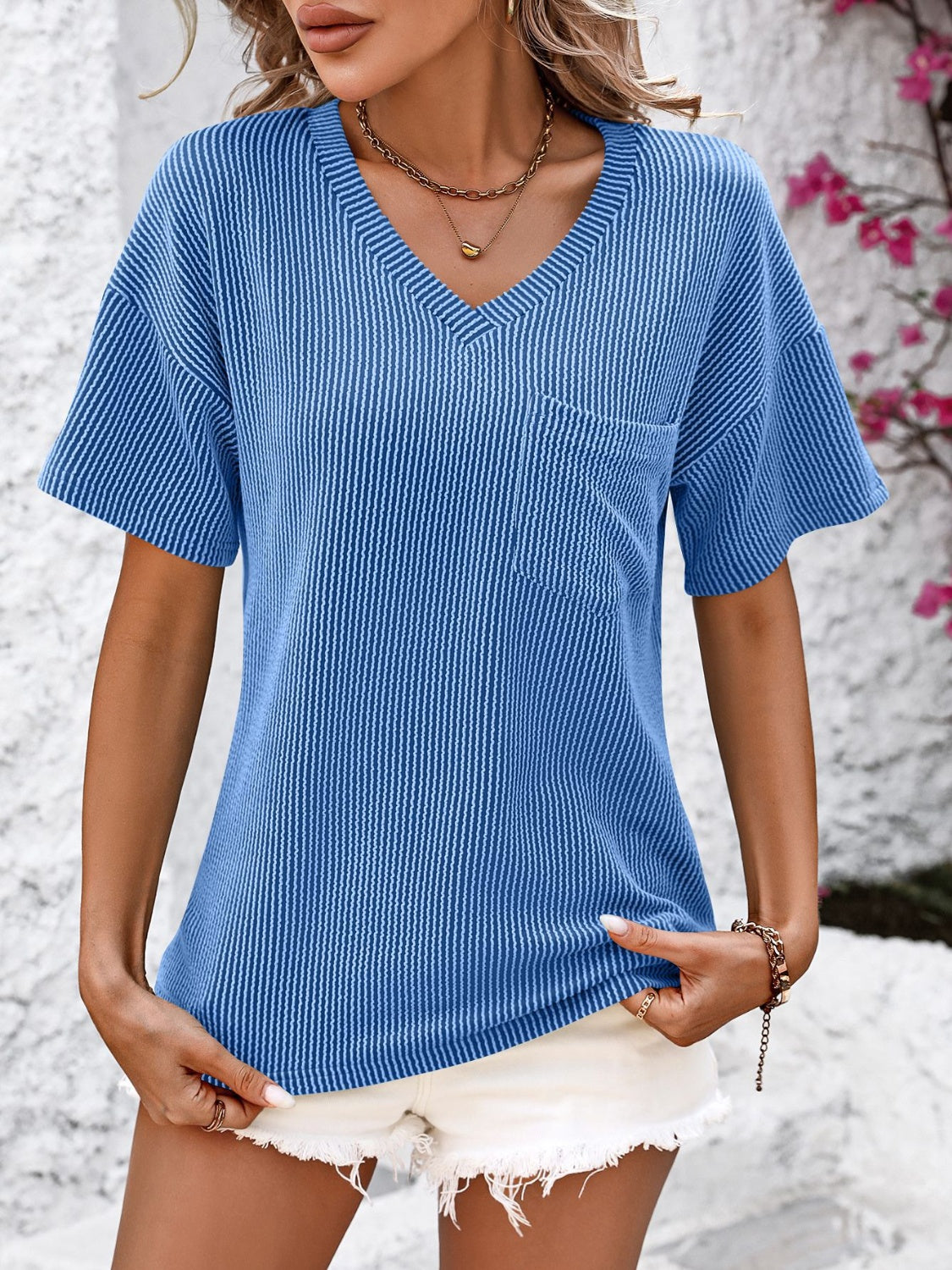 Women's Clothing, V-Neck Dropped Shoulder T-Shirt, Front Side Hands on pockets Blue, Rochelle's House