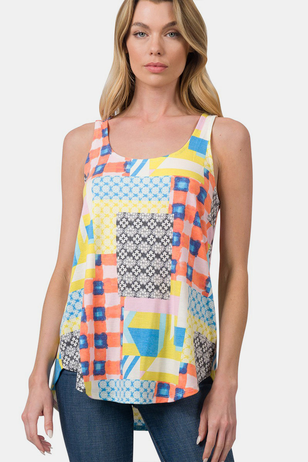 Zenana Printed Round Neck Curved Hem Tank