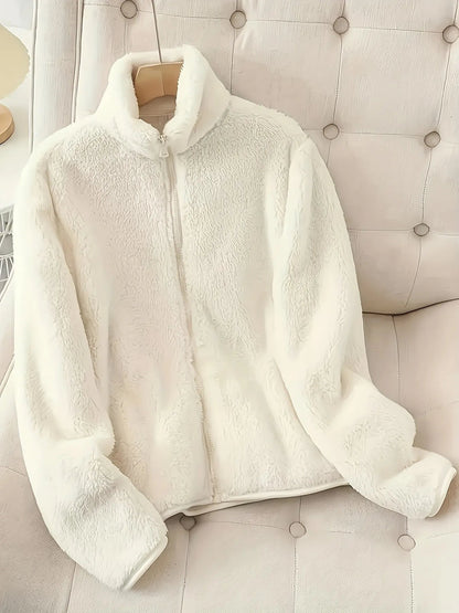 Front view of Fleece Long Sleeve Zip-Up Jacket in White showing neckline and sleeve details