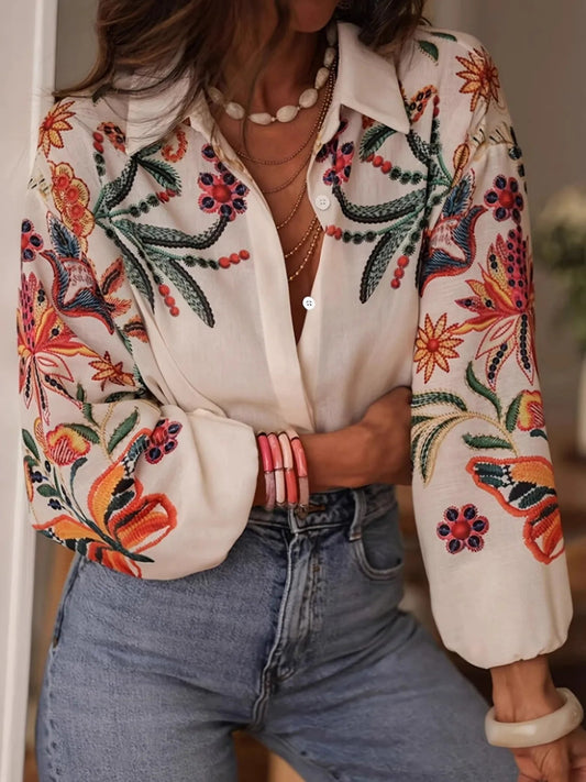 Front view of Floral Button Up Long Sleeve Shirt in White showing neckline and sleeve details