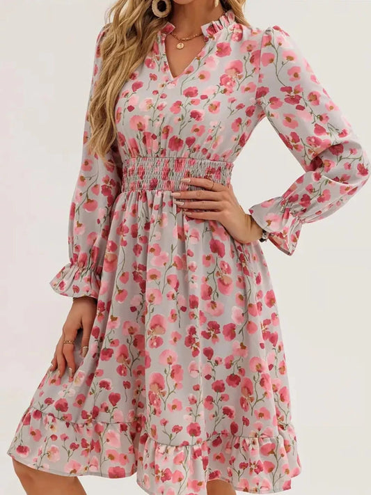 Front view of Floral Notched Flounce Sleeve Dress in Blush Pink showing neckline and sleeve details