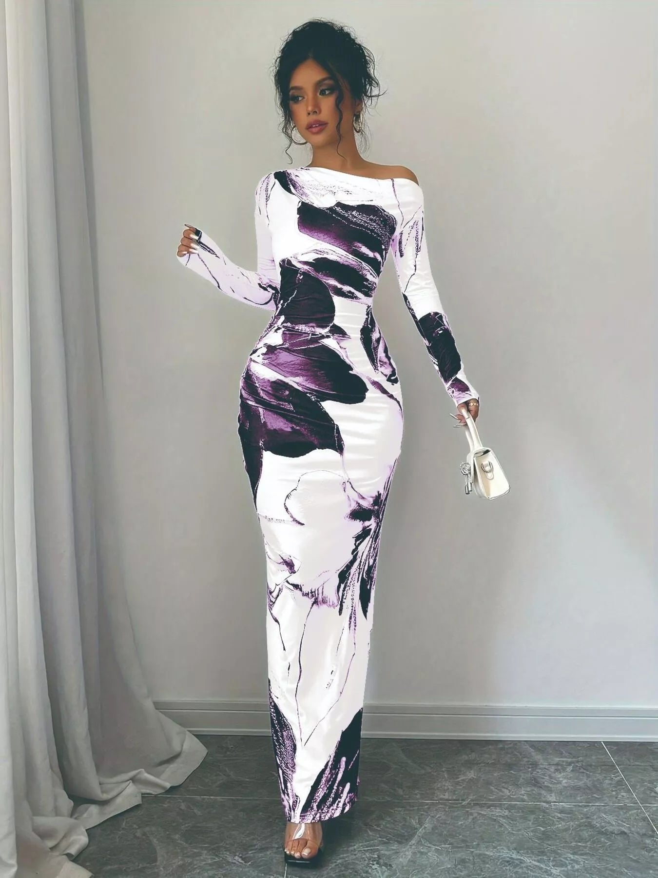 Floral One Shoulder Long Sleeve Maxi Dress - Rochelle's House LLC