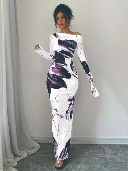 Floral One Shoulder Long Sleeve Maxi Dress - Rochelle's House LLC