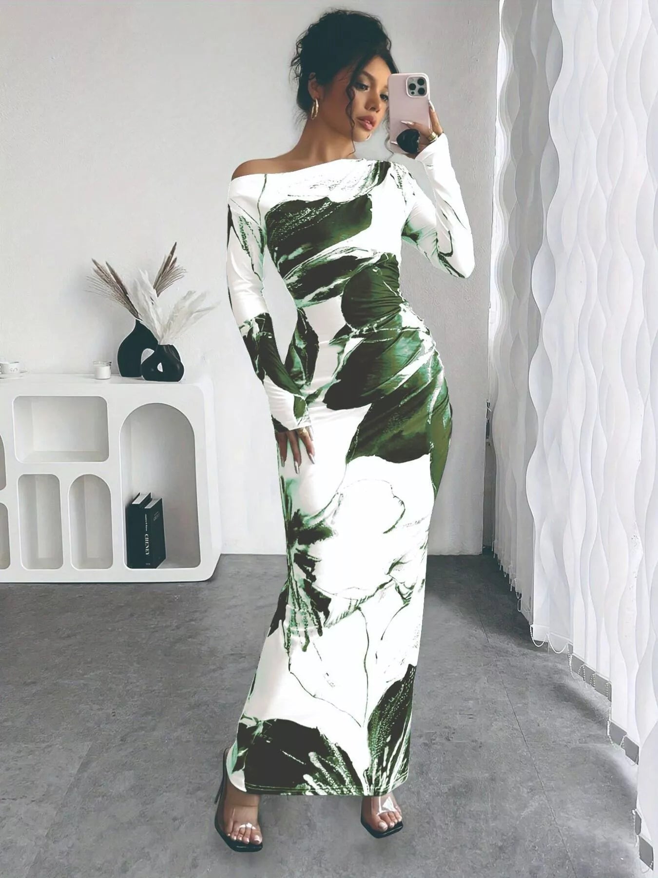 Floral One Shoulder Long Sleeve Maxi Dress - Rochelle's House LLC