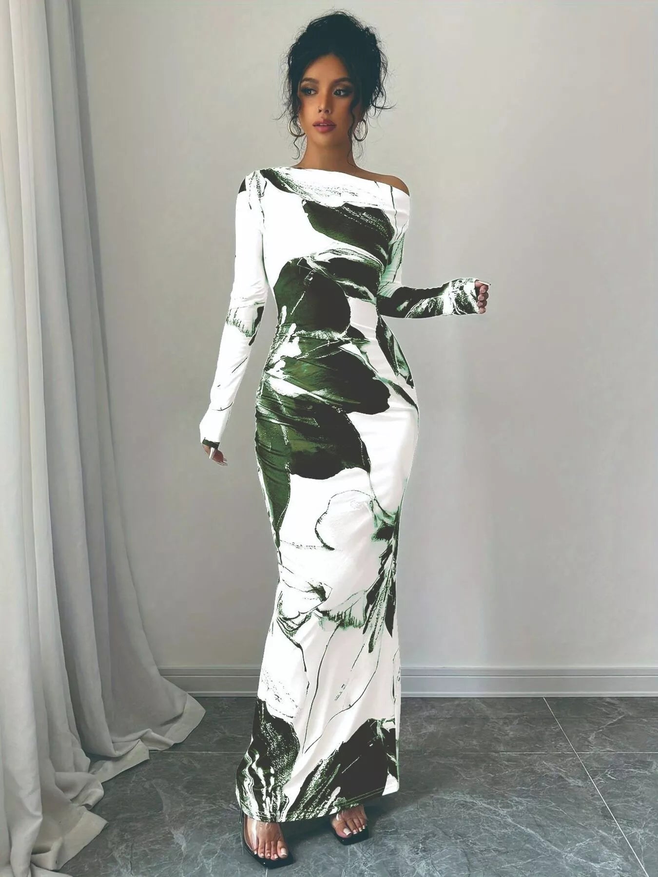 Floral One Shoulder Long Sleeve Maxi Dress - Rochelle's House LLC