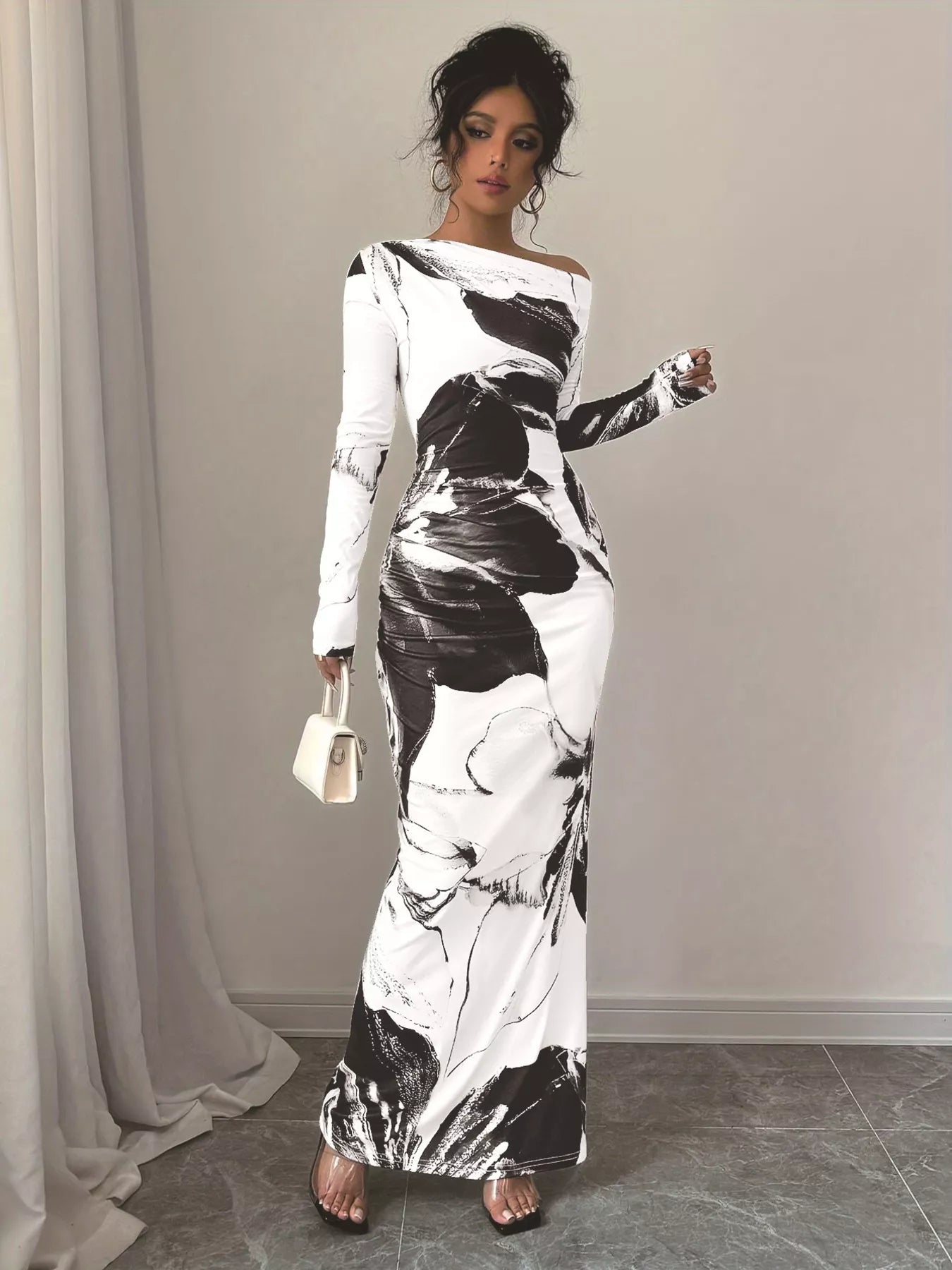 Floral One Shoulder Long Sleeve Maxi Dress - Rochelle's House LLC