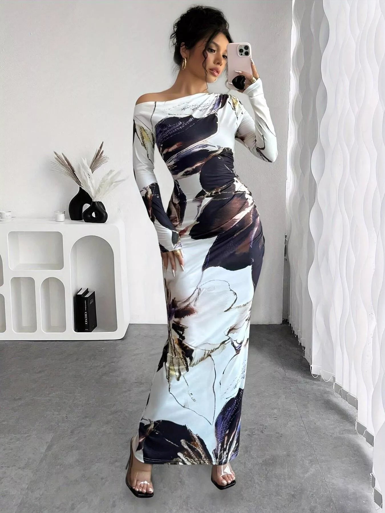 Floral One Shoulder Long Sleeve Maxi Dress - Rochelle's House LLC