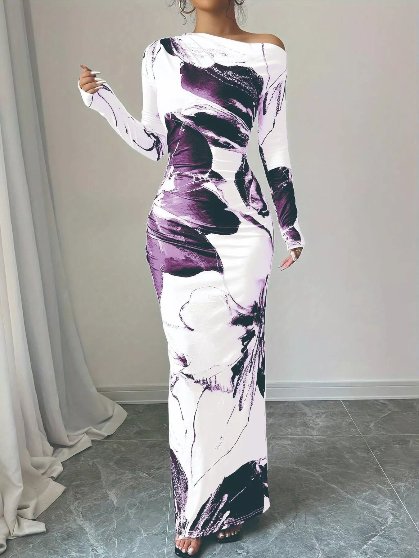 Floral One Shoulder Long Sleeve Maxi Dress - Rochelle's House LLC