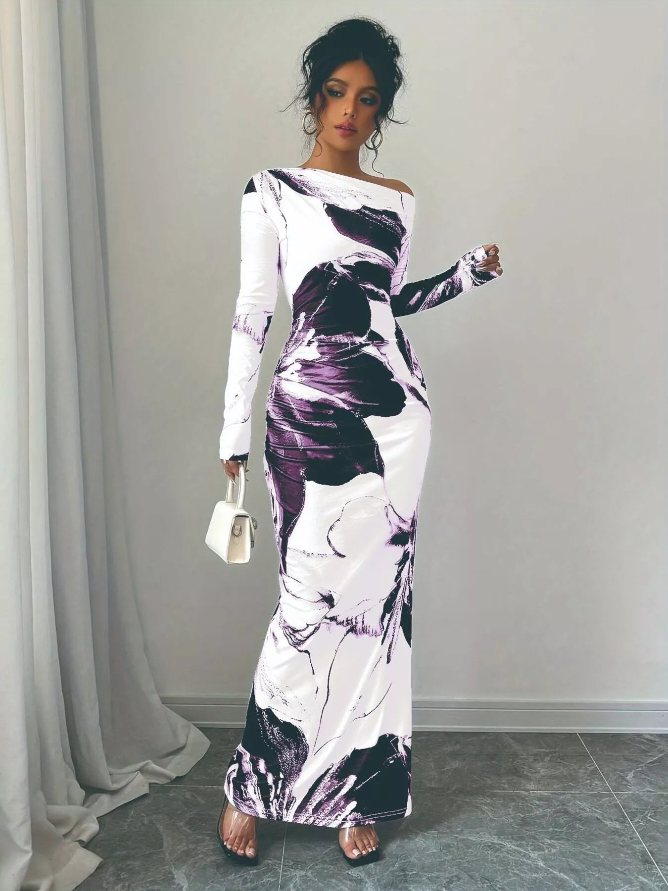 Floral One Shoulder Long Sleeve Maxi Dress - Rochelle's House LLC
