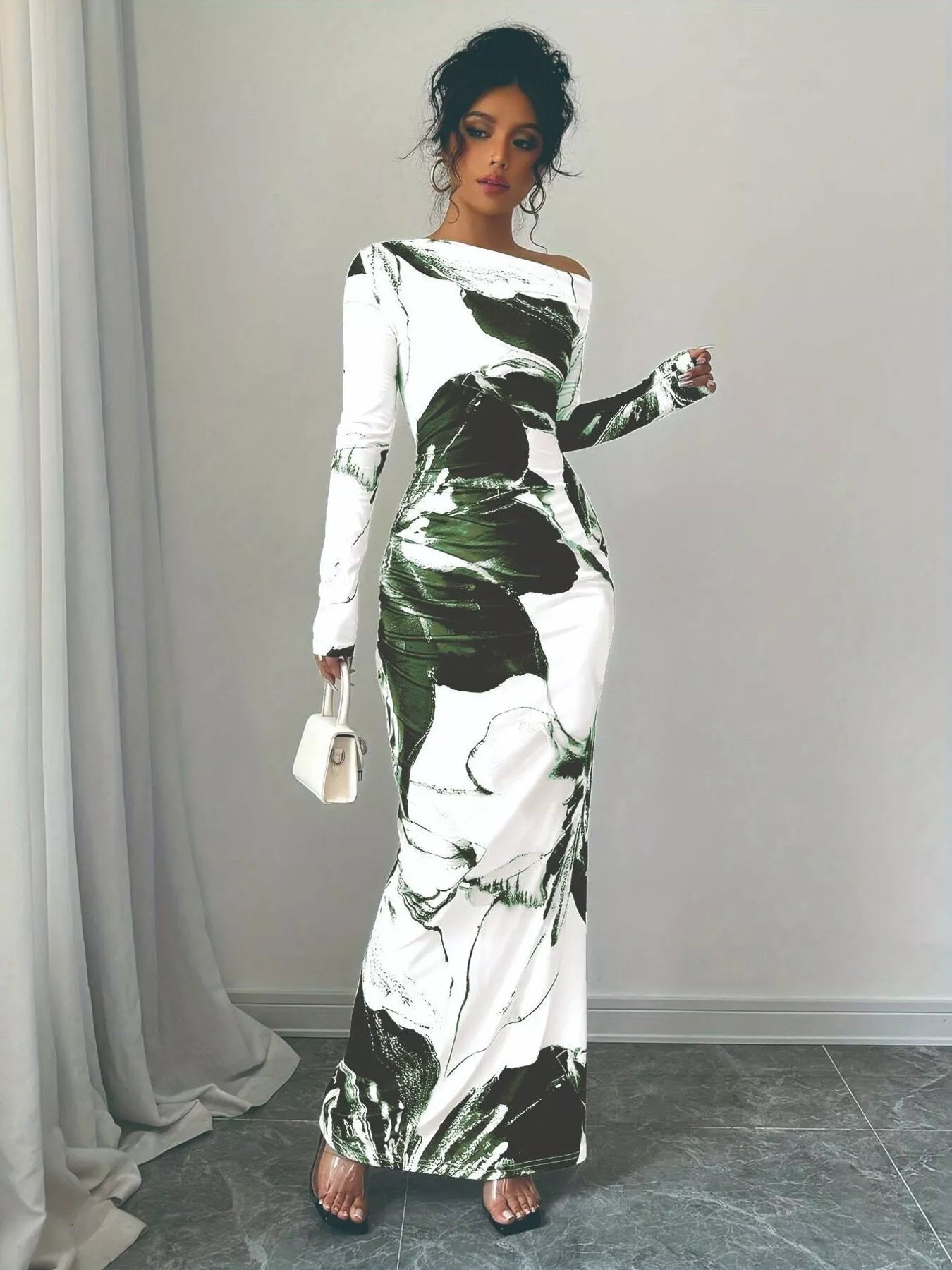 Floral One Shoulder Long Sleeve Maxi Dress - Rochelle's House LLC