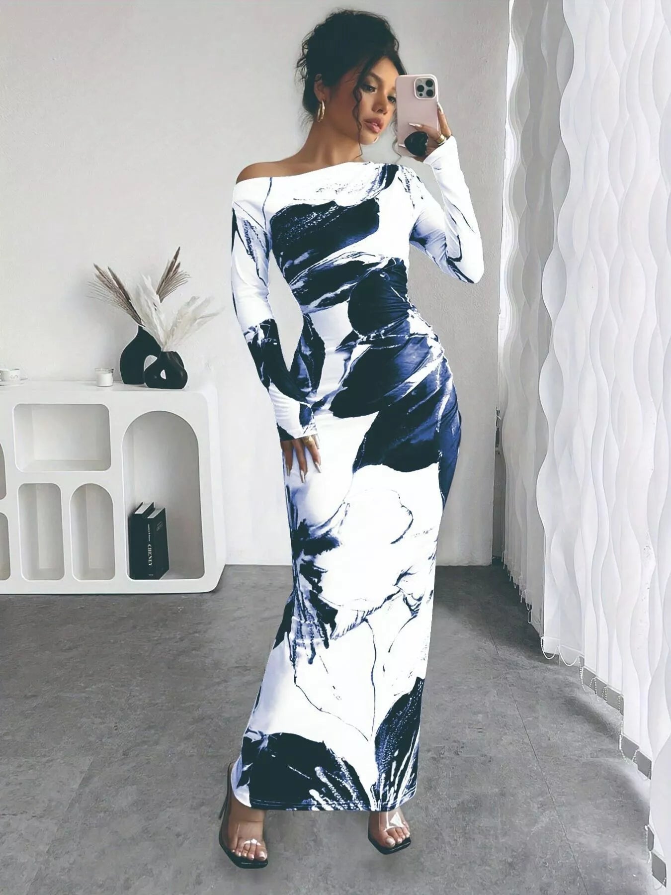 Floral One Shoulder Long Sleeve Maxi Dress - Rochelle's House LLC