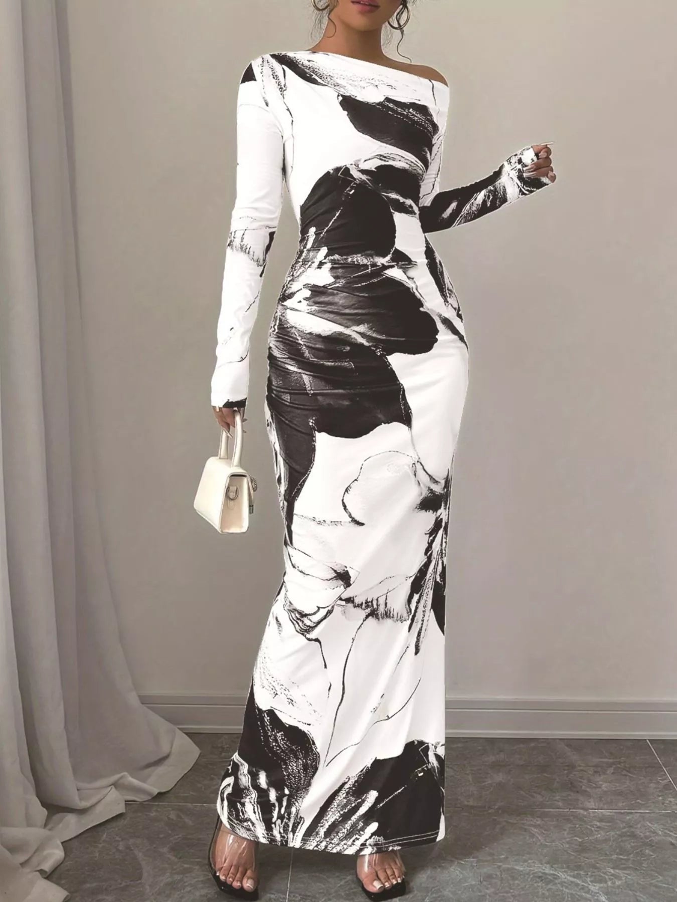 Floral One Shoulder Long Sleeve Maxi Dress - Rochelle's House LLC