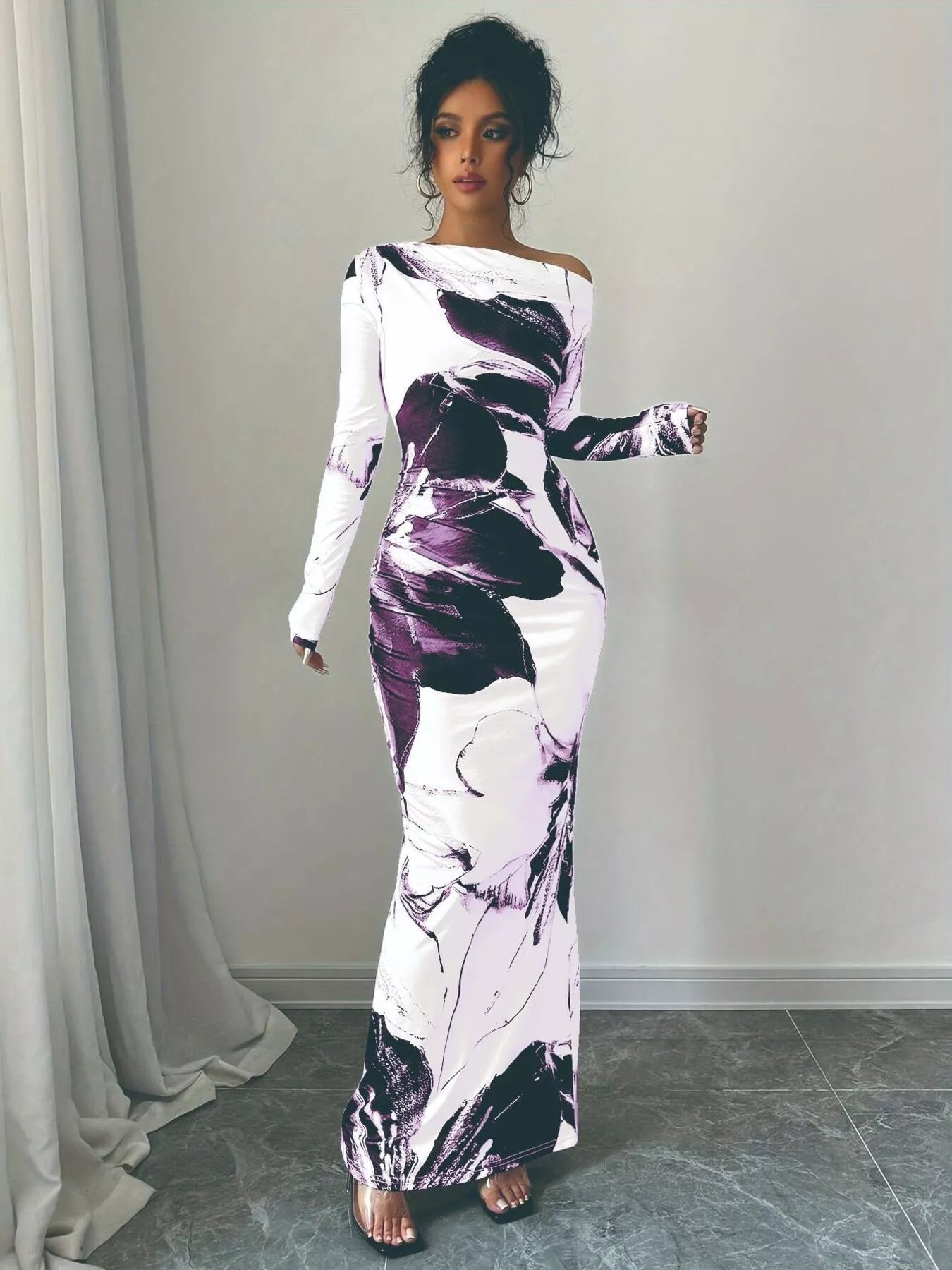 Floral One Shoulder Long Sleeve Maxi Dress - Rochelle's House LLC