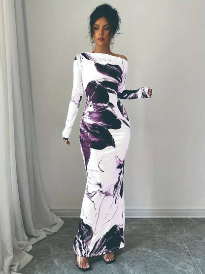 Floral One Shoulder Long Sleeve Maxi Dress - Rochelle's House LLC