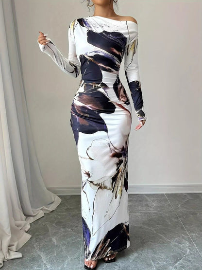 Floral One Shoulder Long Sleeve Maxi Dress - Rochelle's House LLC