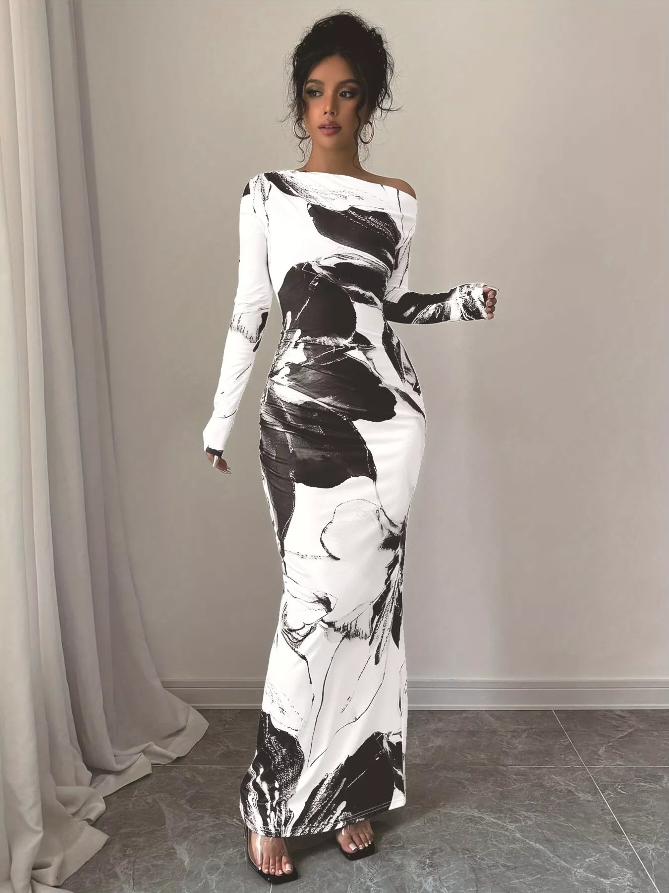 Floral One Shoulder Long Sleeve Maxi Dress - Rochelle's House LLC