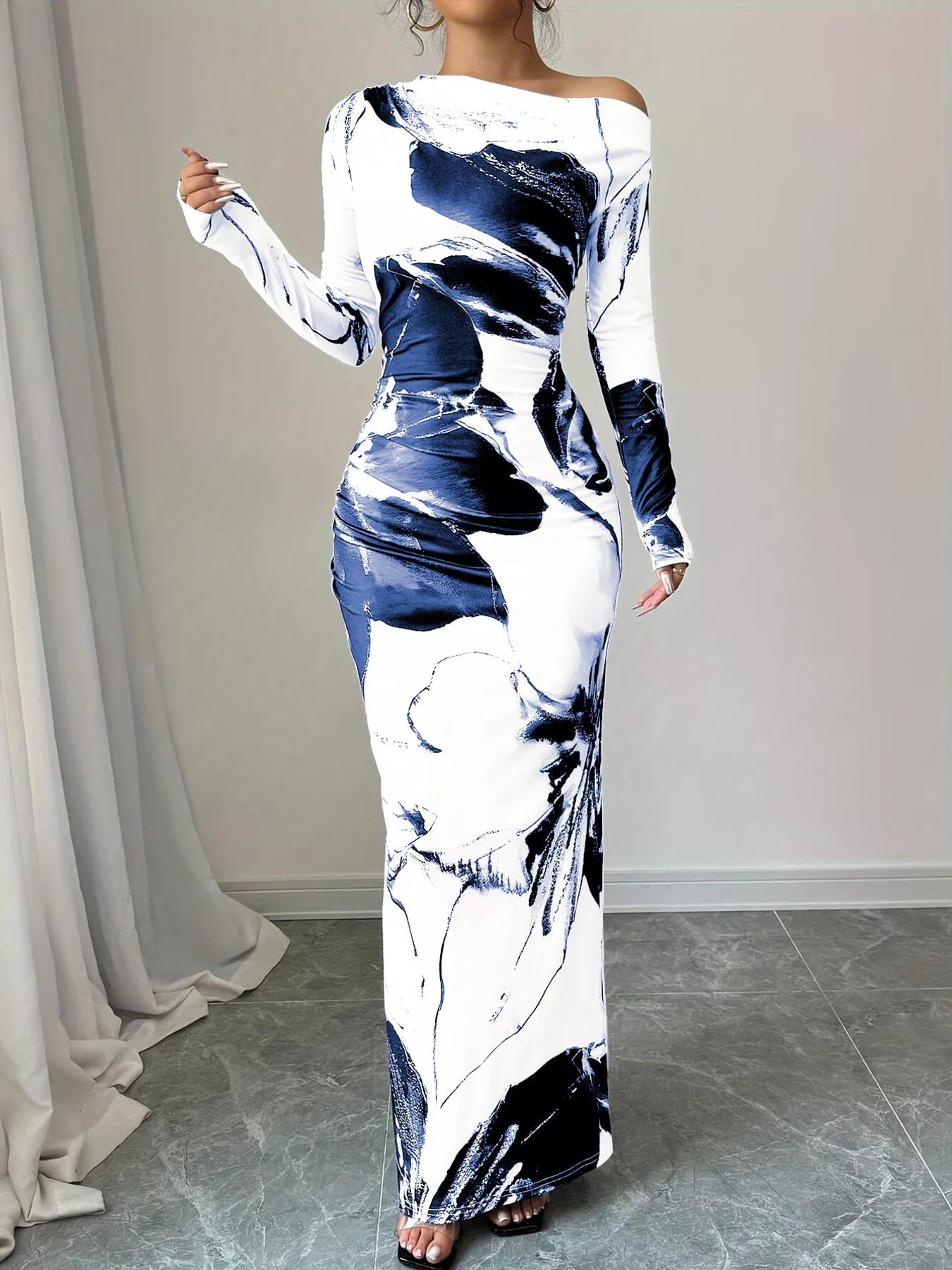 Floral One Shoulder Long Sleeve Maxi Dress - Rochelle's House LLC