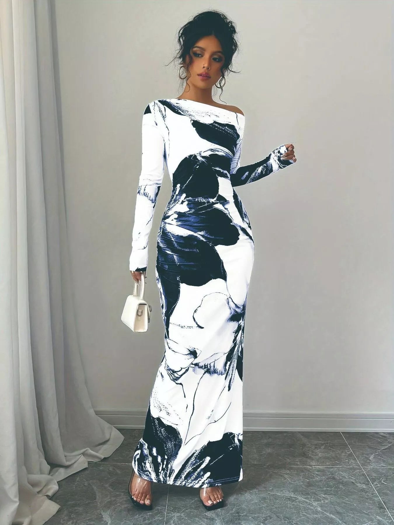 Floral One Shoulder Long Sleeve Maxi Dress - Rochelle's House LLC